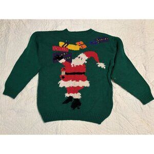 Vintage Boundary Waters Womens World Green Christmas Sweater With Santa & Gifts